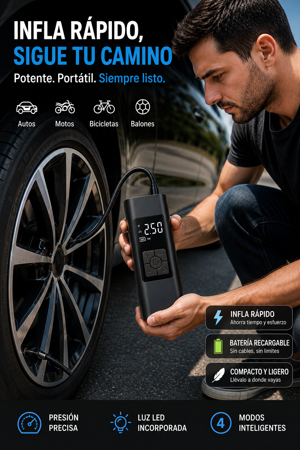 💫Inflador Eléctrico Portátil Pro — Infla en 4 Minutos  con Auto Stop | 150 PSI